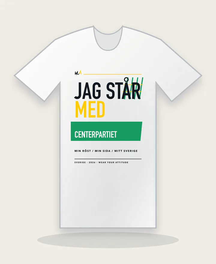 Jag står med Centerpartiet på vit tröja