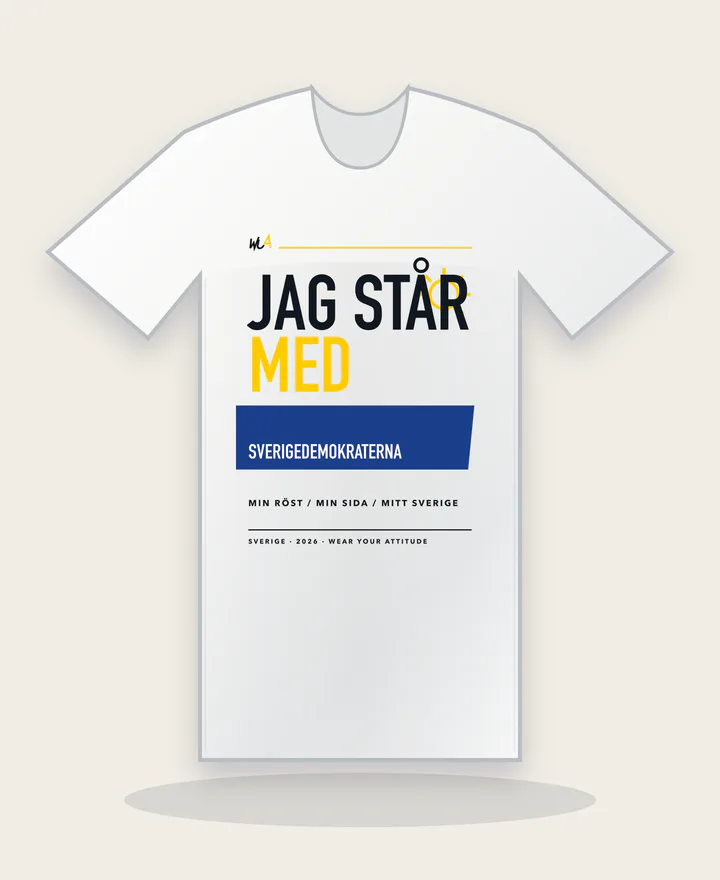 Jag står med Sverigedemokraterna på vit tröja
