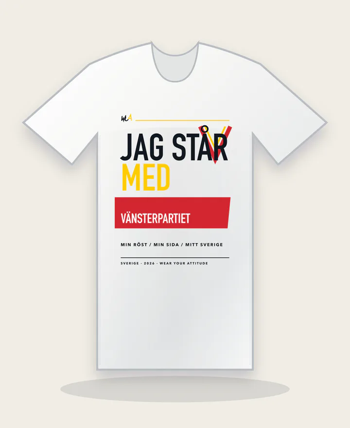 Jag står med Vänsterpartiet på vit tröja