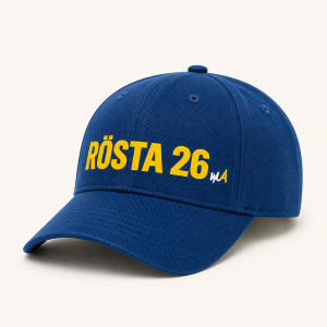 Blå WUA-keps med den gula texten Rösta 26