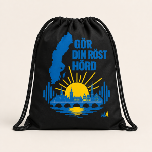 Svart WUA gympåse med motivet Gör din röst hörd i svensk blå och gul