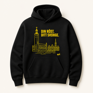 Svart WUA hoodie med motivet Din röst. Ditt Sverige. och Stockholms silhuett