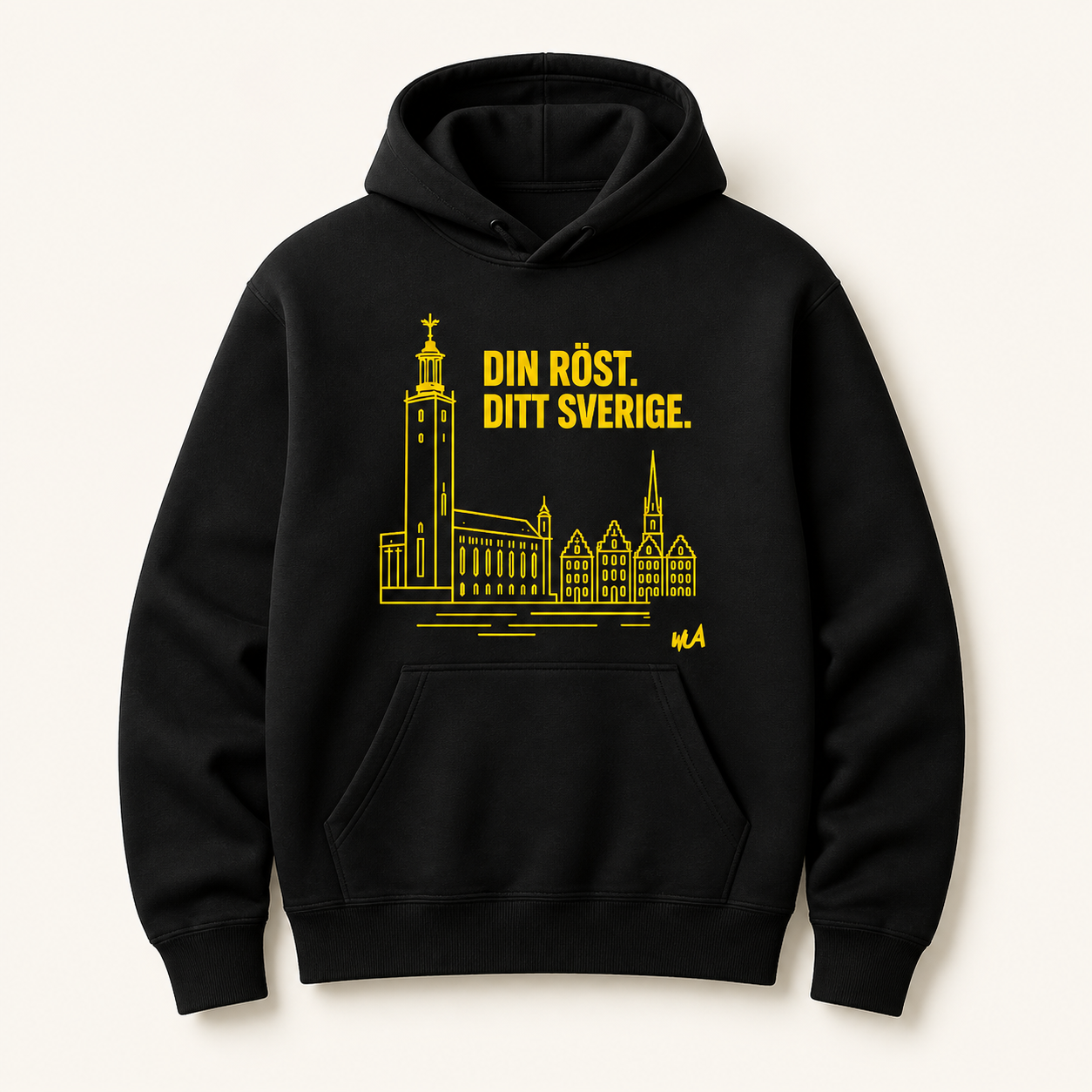 Svart WUA hoodie med motivet Din röst. Ditt Sverige. och Stockholms silhuett